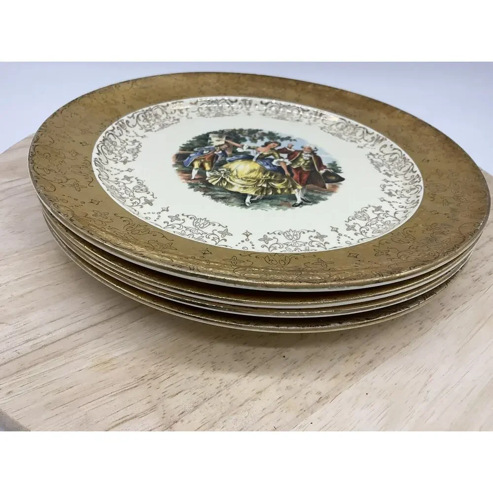 Vintage Sabin Crest-O-Gold Dinner Plates Set 4 Gold Courting Couple Rococo USA‎